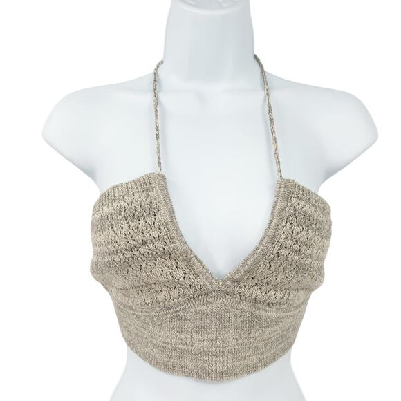 NWT‎ By Anthropologie Boho Beachy Wool Linen Blend Knit Plunge Halter Crop Top M - Picture 1 of 7